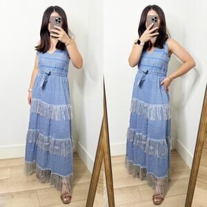 LemLem Striped Zinab V Neck Blue Silver Tiered Tassel Fringe Maxi Dress XS
